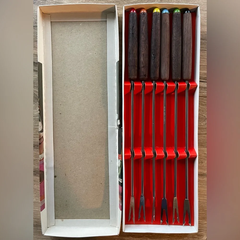 VINTAGE Fondue Stainless Steel Fork 6 Piece Set JAPAN Wood Handle Original Box